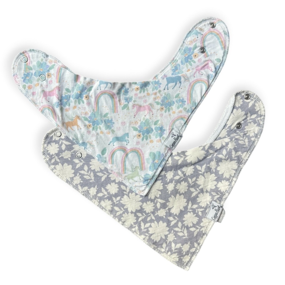 Copper Pearl Baby Bandana Bibs 2 Pack Unicorn Rainbow Floral Grey White Snaps
